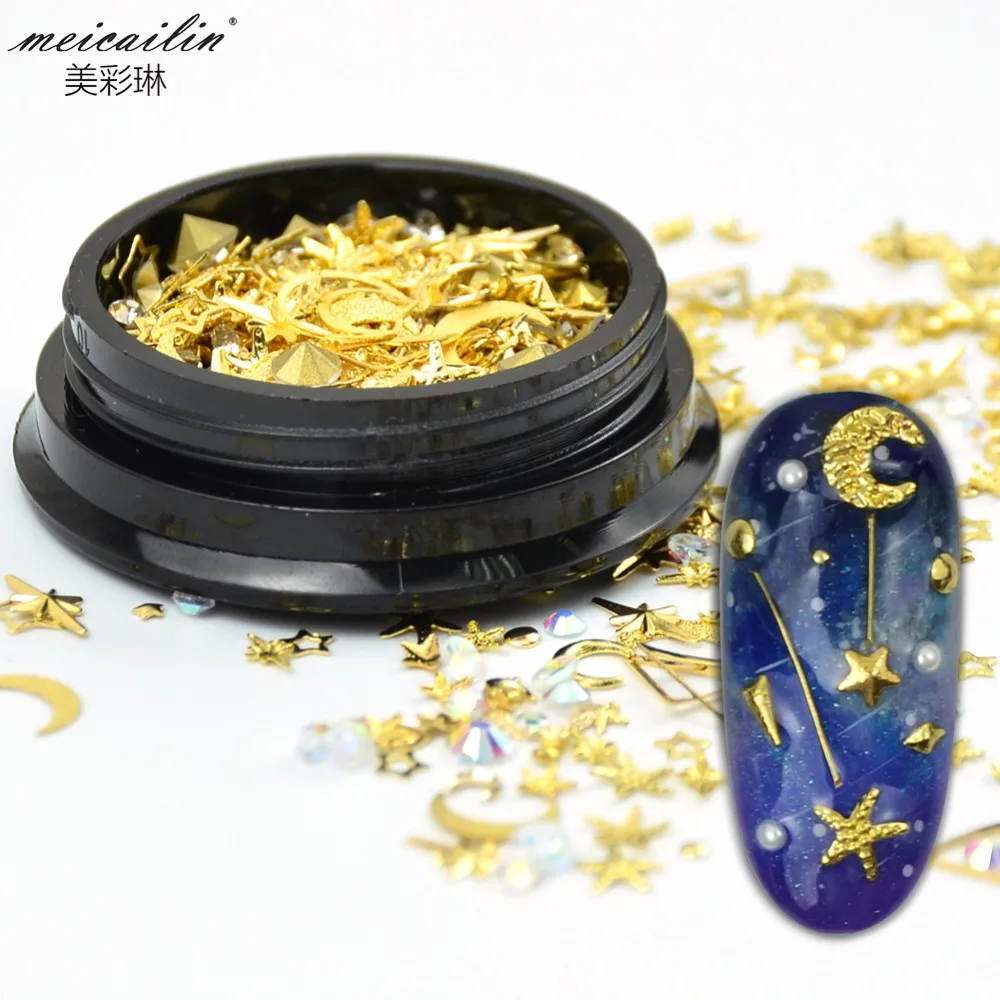 

1 Box Gold Star Moon Mixed Size Alloy 3D Nail Decorations Rivets Metal Multi Studs Rhinestones Manicure Nail Art Decoration
