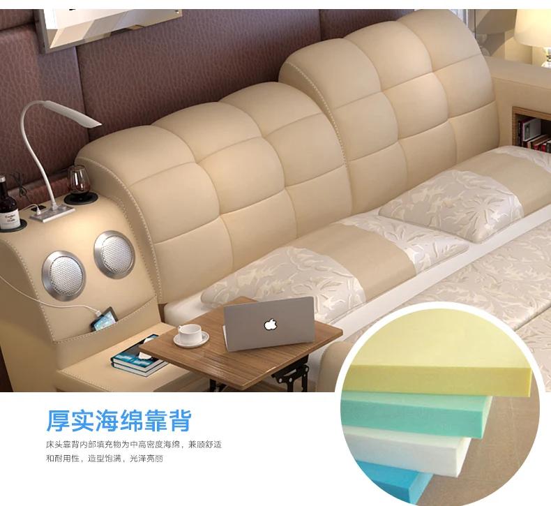  Genuine leather bed frame with storage and safe Modern Soft Beds Home Bedroom Furniture cama mueble - 32895102473