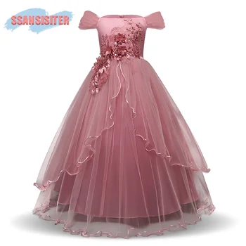 

Flower Embroidery Teenagers Kids Girls Wedding Long Dress Lace Elegant Princess Party Pageant Formal Off Shoulder Dresses 5-9Y