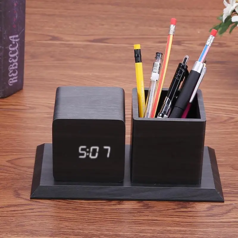 

Sound Control Digital Electronic LED Alarm Clock Pencil Pen Holder Time Date Temp Display Desk Organizer Office Accessories