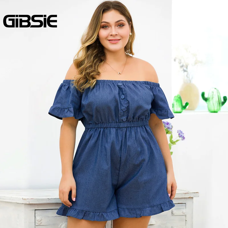 

GIBSIE Plus Size Button Front Off Shoulder Denim Romper Women Casual Solid Shorts Playsuit Female High Waist Summer Jumpsuit