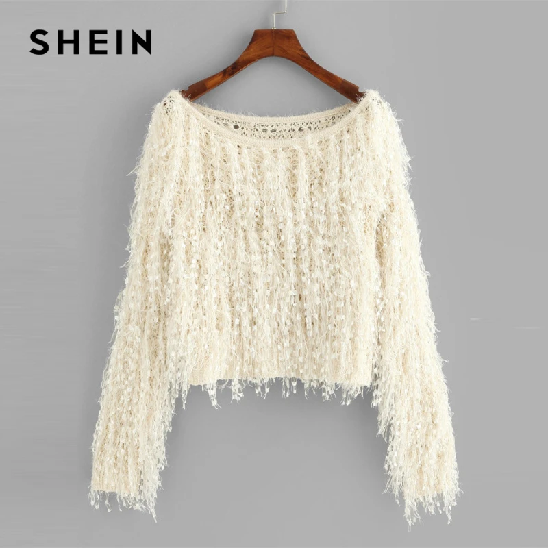 SHEIN المشمش فضفاض حك غامض هامش سترة عارضة أنيقة قارب الرقبة طويلة الأكمام المحاصيل البلوفرات النساء عادي الخريف البلوزات