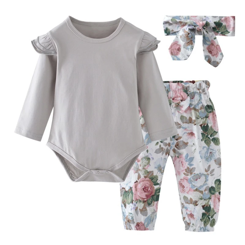 

2019 Newborn Infant Baby Girls Clothes Flower Pattern Long Sleeve Bodysuit+ Pants + Headband Toddler Outfits Clothing Set