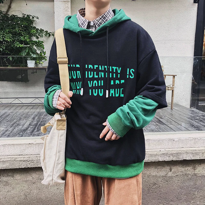 

Fashion Casual Men's Hoodie Spring And Autumn New M-2XL Print Stitching Loose Pullover Gray Green Personality Youth Popular