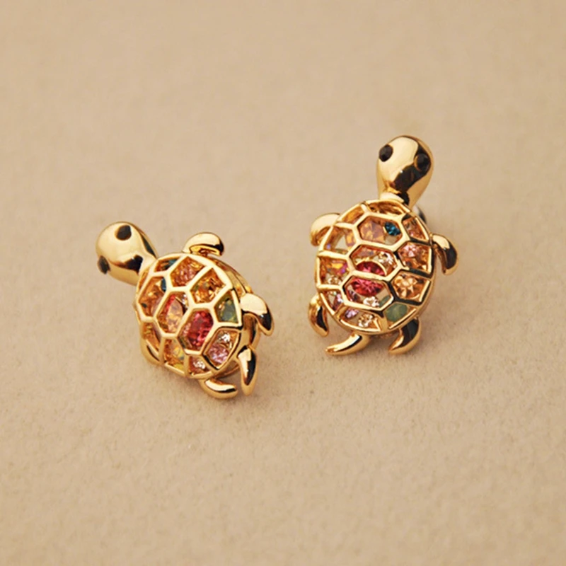 Винтажные серьги-гвоздики в виде черепахи, цветные серьги в виде животных с полыми кристаллами золотого цвета для женщин, серьги со стразами бижутерия BS2-0274