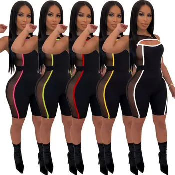 

Summer Women Striped Jumpsuit Party Short Pant Sleeveless Romper Workout Slim Fit Stretchy Playsuit Clubwear S M L XL 2XL
