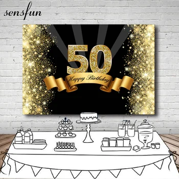 

Sensfun Photography Background Black Sparkly Gold Glitter Happy 50th Birthday Party Backdrop For Photo Studio 7x5FT Vinyl