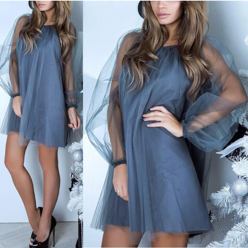 Summer Dress 2018 Plus Size Mesh O-Neck Sexy Women Dresses Patchwork Loose Streetwear Women's Clothing Lantern Sleeve Mini Dress Dresses