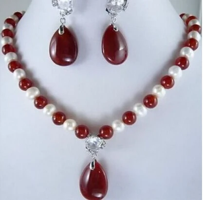 

2017 hot sell White Pearl And Red Necklace Earring Set