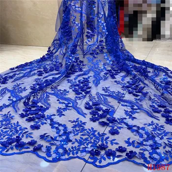 

Latest 2019 3d Lace Fabric With Beads High Quality Nigerian Royal Blue Wedding African French Lace Fabric HJ1987-1
