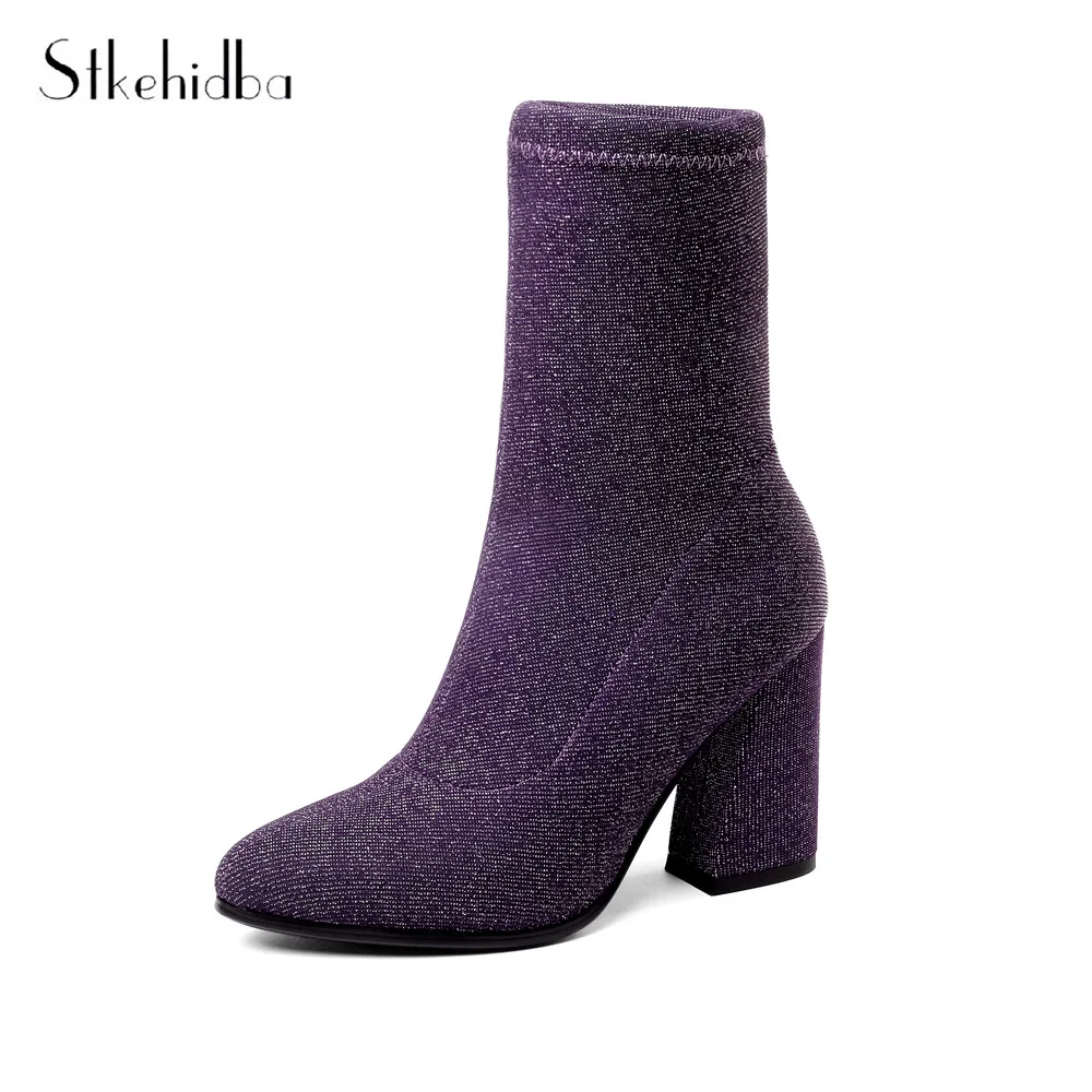 Tacones Punta Moda Dedo purple Tobillo Botas Calcetín Del Mujeres Las Pie Otoño Chunky Estiramiento De Botines Altos 43 34 blue Black Elástico Sexy Stkehidba En YTS6xwT
