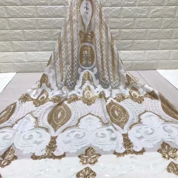 

2019 high quality White Gold French Nigerian sequins net lace,African tulle mesh sequence lace fabric for dress 5yards/lot