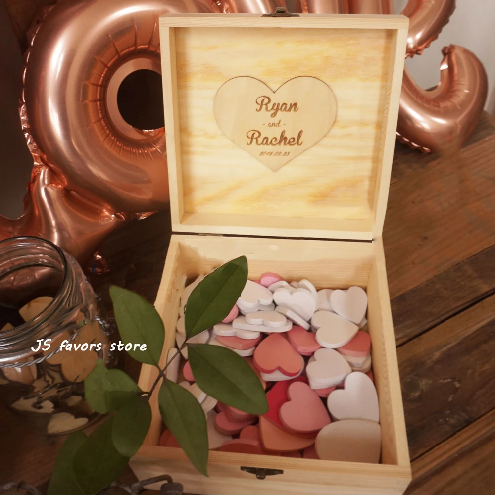 

Free shipping 1set Personalised Wooden box with custom lettering and colorful wood wedding name signature heart as Guest book