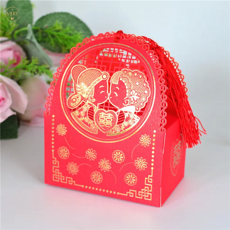 Embossing style laser cut red Chinese wedding gift boxes 10pcs free