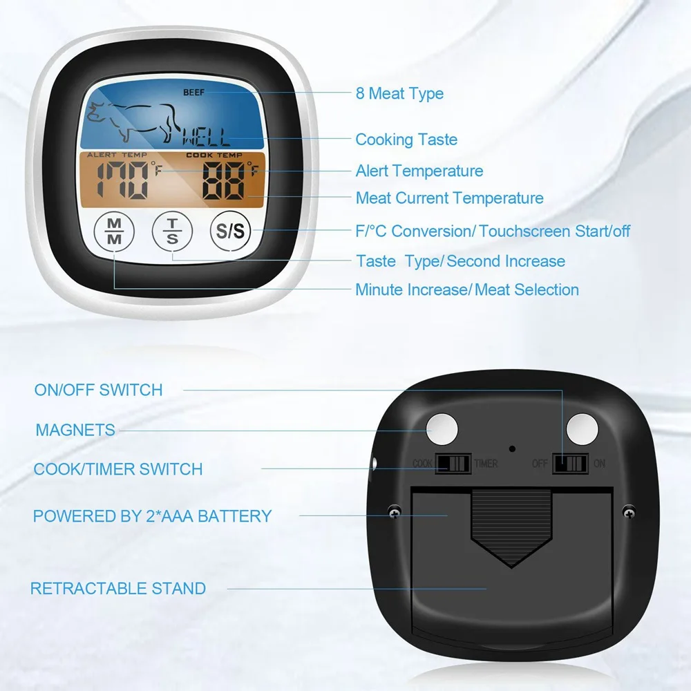 Цифровой пищевой термометр сенсорный барбекю мясо приготовления термометр таймер обратного отсчета с зондом и функцией сигнализации
