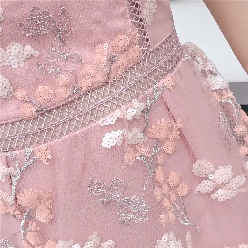 2019 Бренд женское платье Лето Cherry Blossom розовый блестки вышитые ремень кружева