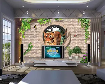 

3d wallpaper custom photo non-woven mural Brick wall round hole tigers 3d wall murals wallpaper for walls 3d decoration painting
