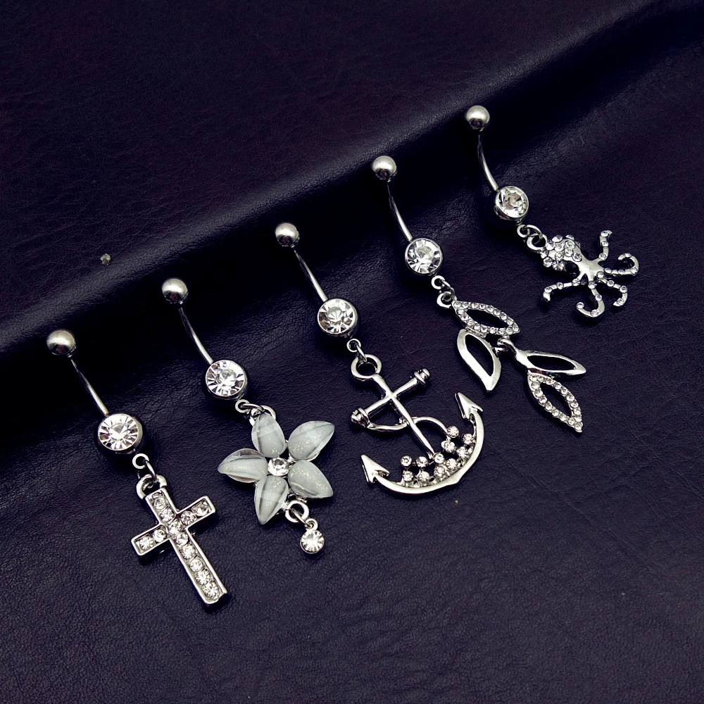 

5pcs 2019 mix style clear white cross vine anchor flower octopus dangle navel belly bar button rings body piercing jewelry