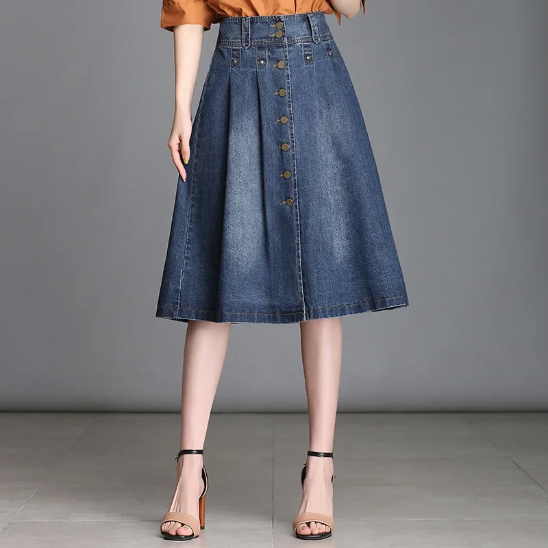 

2019 Fashion Vintage Denim skirts womens Slim Button High Waist A-Line Skirt Jeans for Female midi Skirt Style Saia Jeans