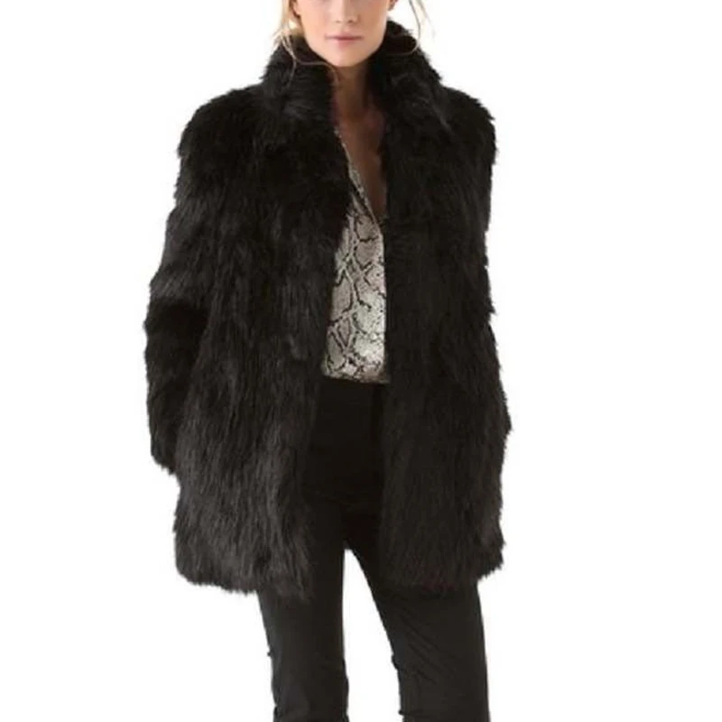 Женское зимнее пальто из искусственного меха со стоячим воротником, черные пушистые длинные рукава, теплые женские топы, распродажа QL