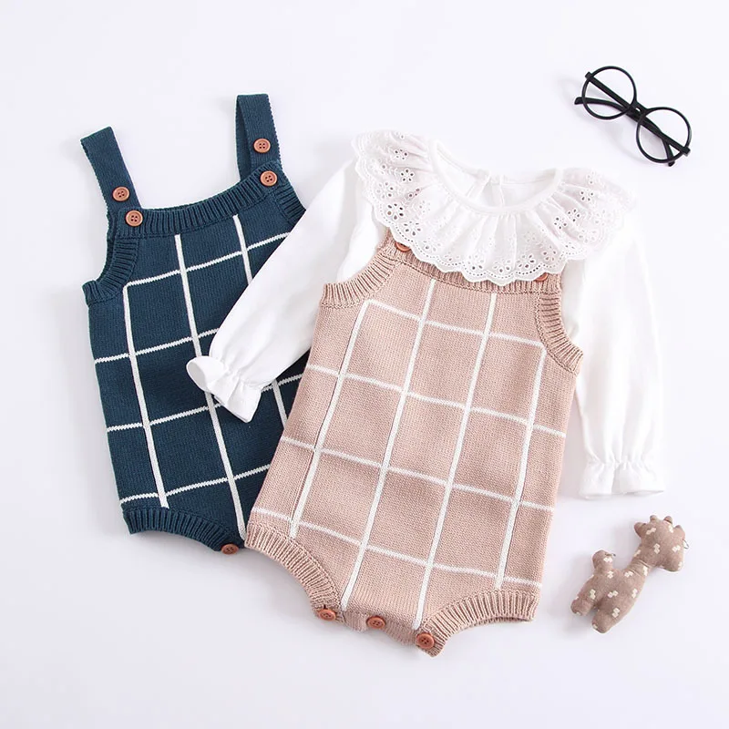 

2019 Baby Knitted Romper Cotton Woolen Baby Girls Boys Clothes Newborn Infant Jumpsuit Plaid Sleeveless Toddler Overalls Outfits