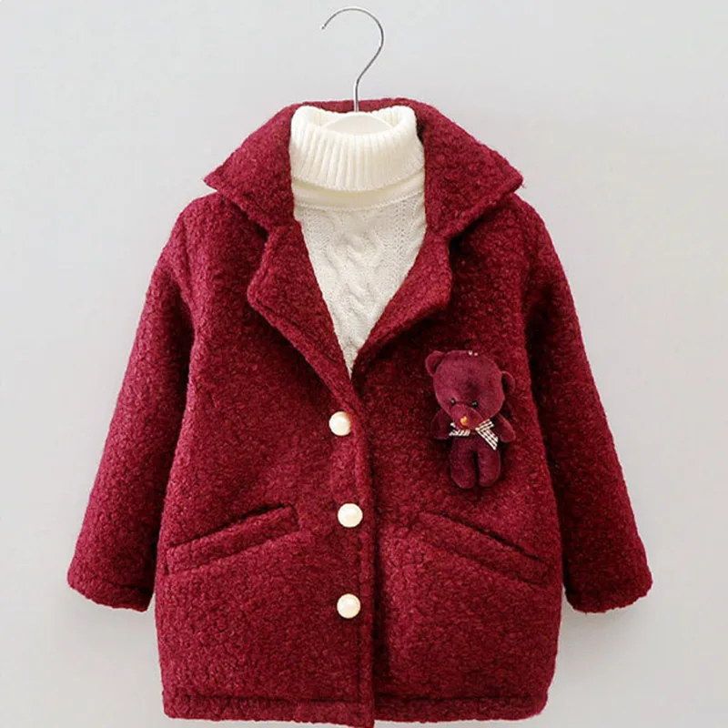 DFXD Baby Girls Autumn Winter Wool Coat Fashion Long Sleeve Soild Single-breasted Outwear High Quality Long Thicken Coat 2-8Y