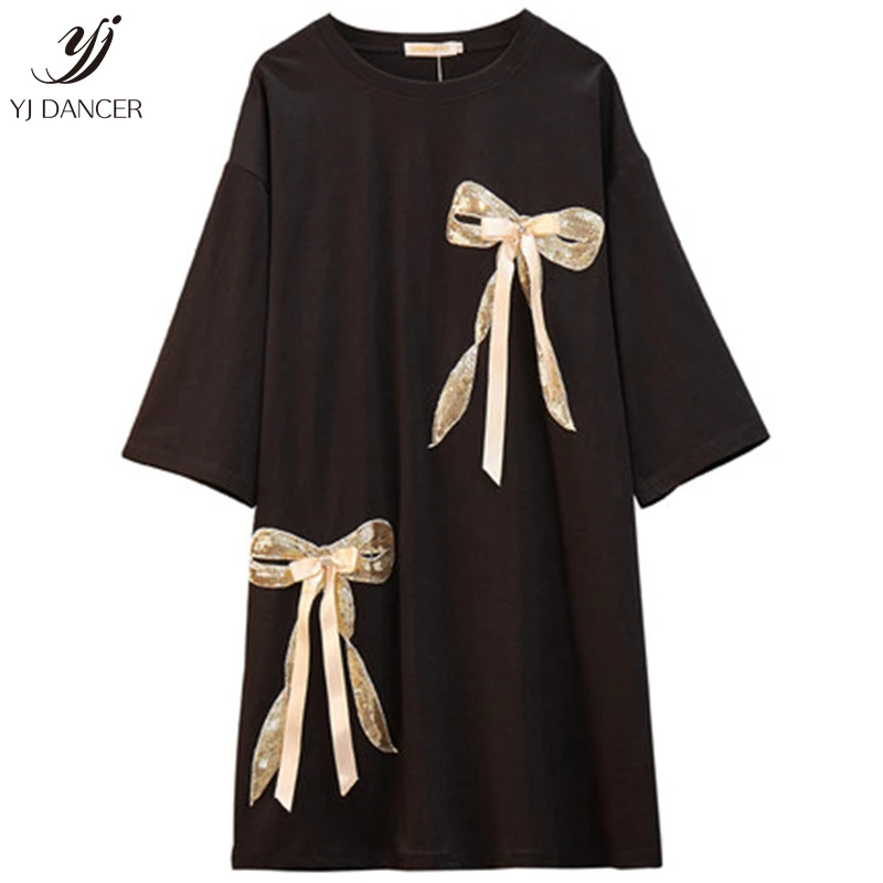 

Medium Long Extra Large Size T-Shirt Female 2019 Summer Fashion New Round Neck Five-Point Sleeve Bow Loose T-Shirt H0089