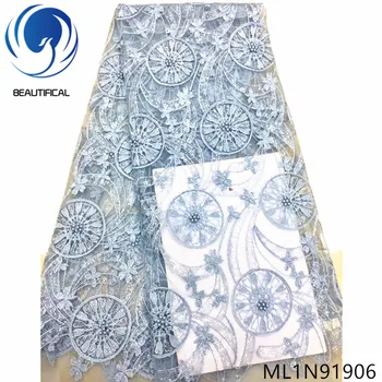 

BEAUTIFICAL african lace fabrics Latest design embroidery sequins nigerian net lace fabric with beads for wedding 5yards ML1N919