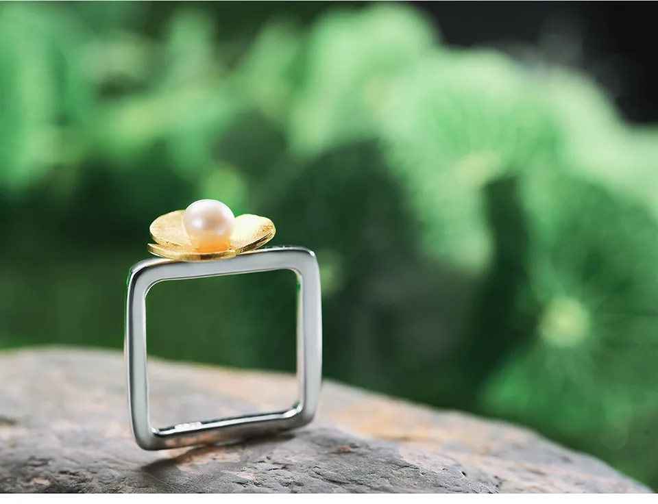 Lotus Fun Реальные Стерлингового Серебра 925 Природных Перл Handmade Fine Jewelry Square Ring Свежий Клевер Цветок Кольца для Женщин Bijoux