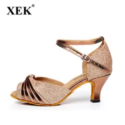 XEK атлас/PU Для женщин Латинская танцевальная обувь бальные обувь для танцев Каблук 5,5 см размер 34-40 GSS101