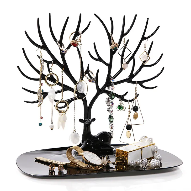 Маленькие серьги с оленями, ожерелье, кольцо, ювелирные браслеты и кулоны, органайзер, дисплей, подставка, лоток, дерево, стеллажи для хранения, органайзер, держатель H39 - Цвет: Black