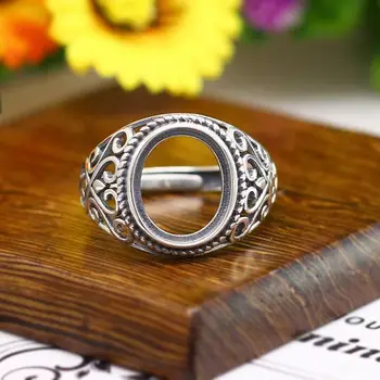 

Art Deco Antique 925 Silver Engagement Semi Mount Ring for 11x13mm Oval Cabochon Amber Agate Turquoise Fine Jewelry Setting