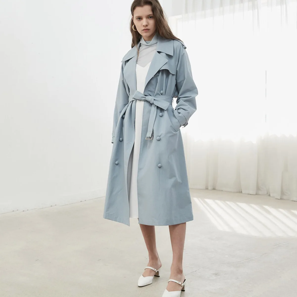 Fashion Commuter Breeze Double Buckle Flip Collar Haze Blue Waist Tie Jie Taste Medium Long Windbreaker 2019 Long Coat Women