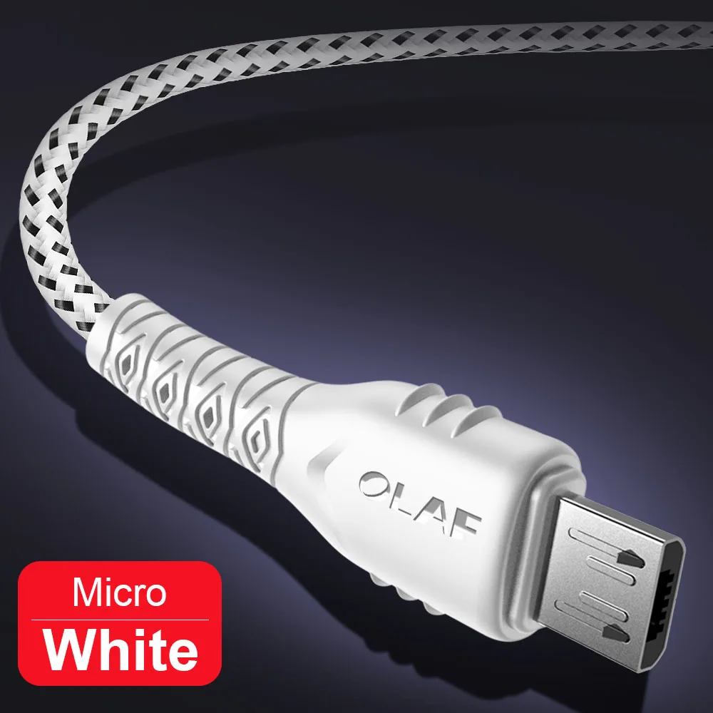 Кабель Micro USB OLAF 1m 2m 2.4A нейлоновый кабель для быстрой зарядки USB для samsung Xiaomi Tablet Android мобильный телефон usb зарядка Cor - Цвет: White