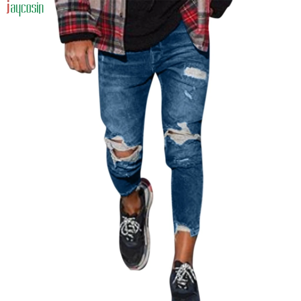 Jaycosin Men's Dark Blue Distressed Jeans Hole Denim Trousers Casual