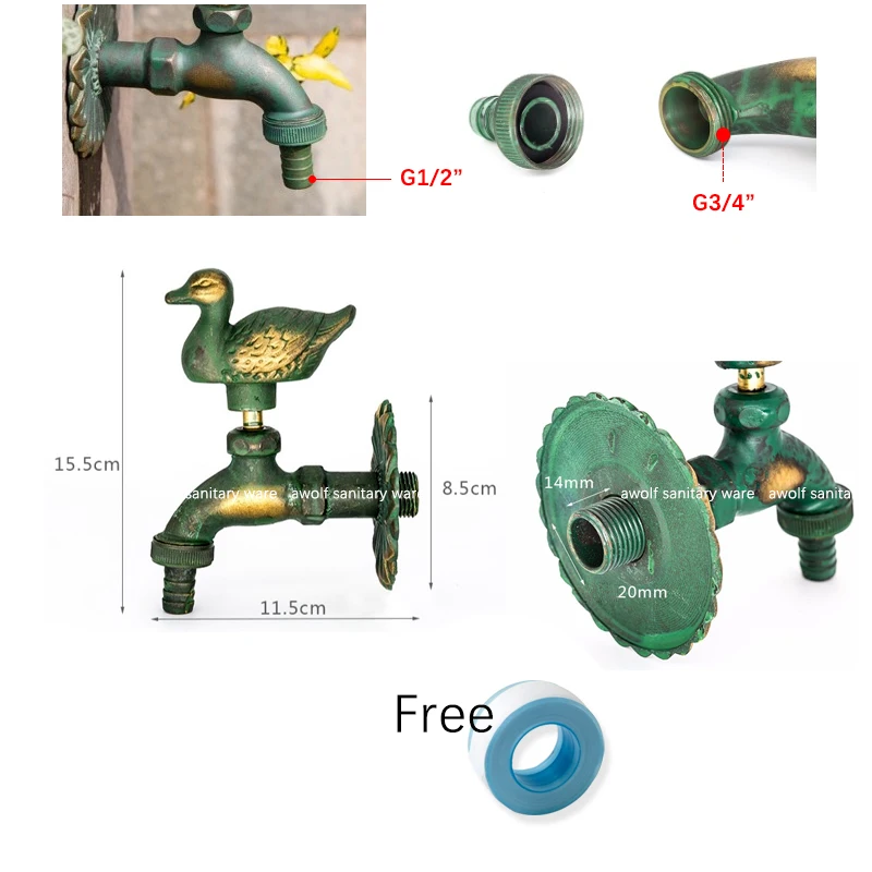 Садовый кран в форме животного, художественный античный кран в деревенском стиле, латунный кран для стиральной машины, настенный кран для холодной воды AF6137