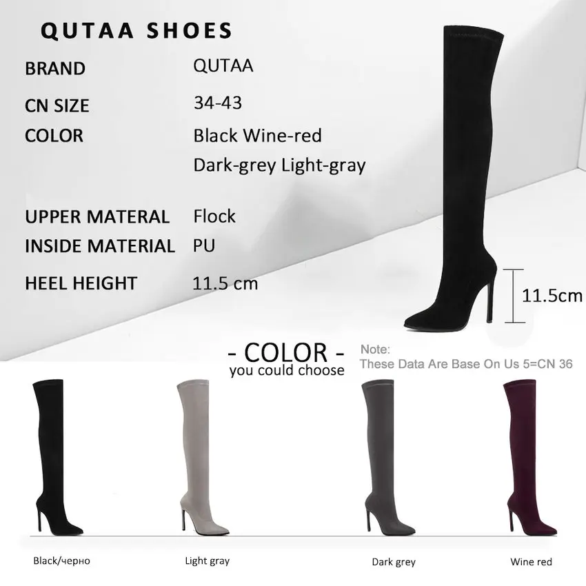 QUTAA/ г. Осенне-зимняя женская обувь сапоги выше колена с острым носком эластичные высокие сапоги без застежки на тонком высоком каблуке размеры 34-43