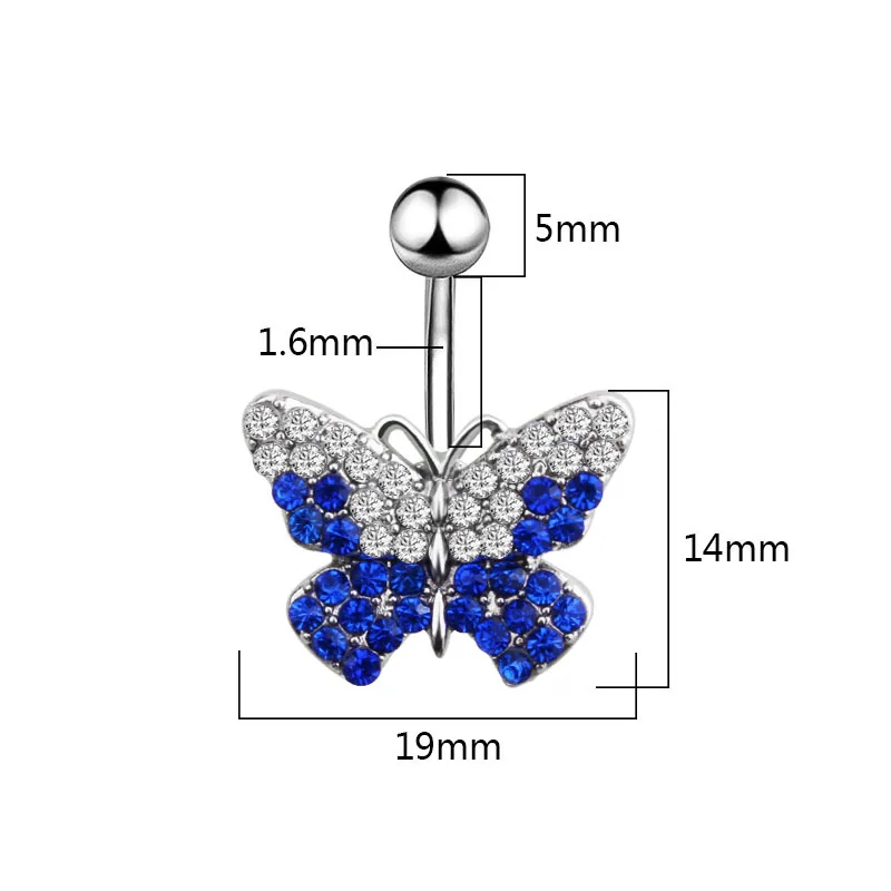 UOTOP медицинское антиаллергенное кольцо из нержавеющей стали для пупка для женщин, полный кристалл, синяя бабочка, пирсинг пупка, ювелирные изделия для тела