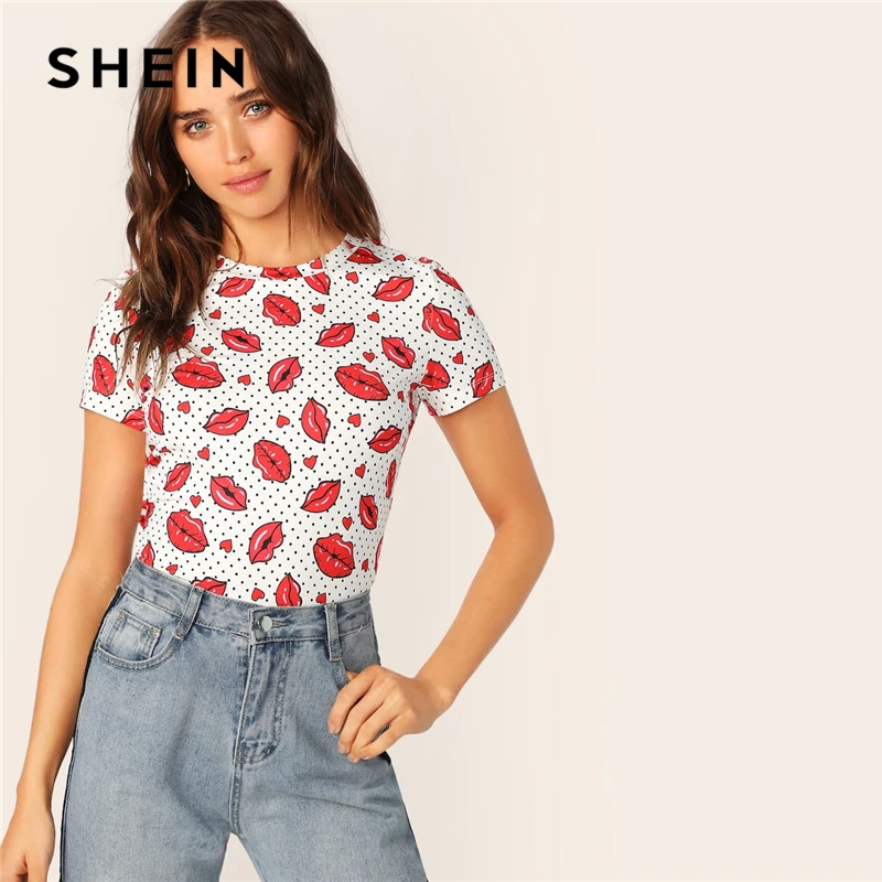 

SHEIN Multicolor Red Lip And Polka Dot Print T-shirt Slim Fit Tee 2018 New Summer Round Neck Minimalist Women T shirt And Top