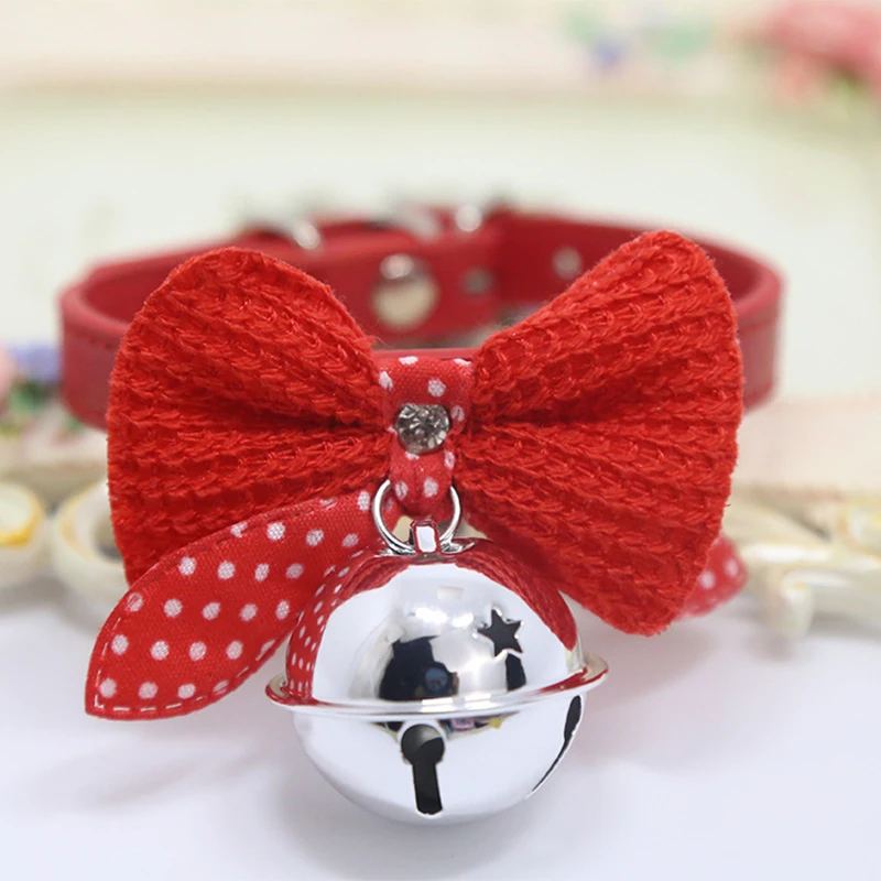 prativerdi Cute Pet Adjustable Dog Collars with Bowknot and Bells Necklace PU Collar For Christmas Dogs Cat pet shop Accessories4
