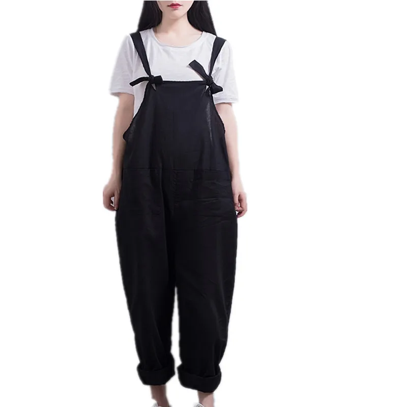 

Women flax Double pocket Bib Overalls suspender trousers Wide Leg Pant Female Loose Casual Pantalon Femme linen cotton pants