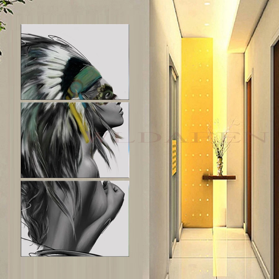 HD Print 3 Pcs Sexy nude black and white sketch Native American Girl