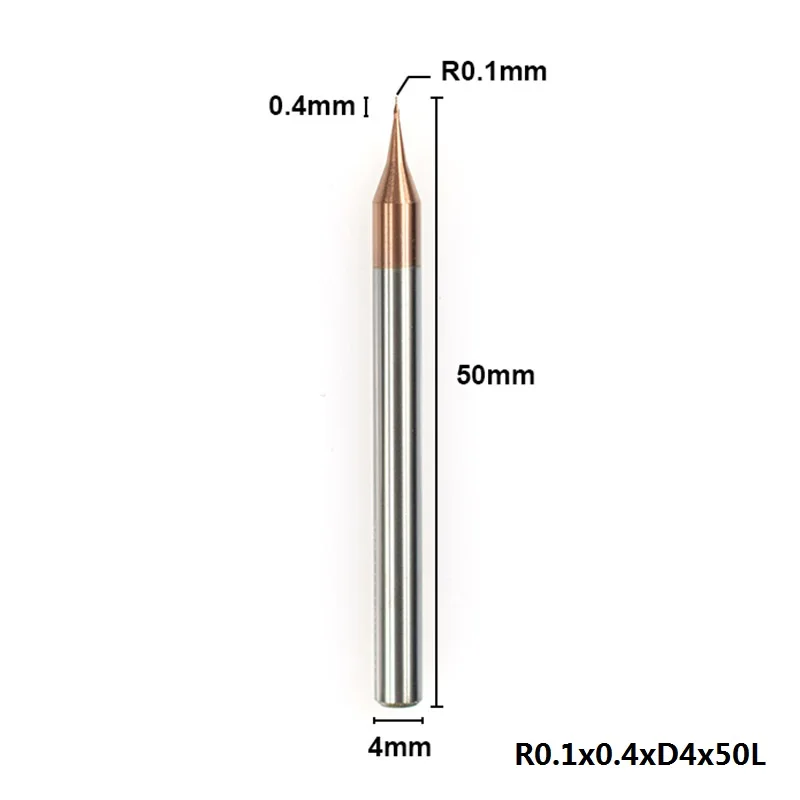 1 шт. 0,1-0,45 мм микро сферическая Концевая фреза 2 флейты Вольфрамовая сталь ЧПУ фреза с покрытием TiCN фреза - Длина режущей кромки: R0.1xD4x50L