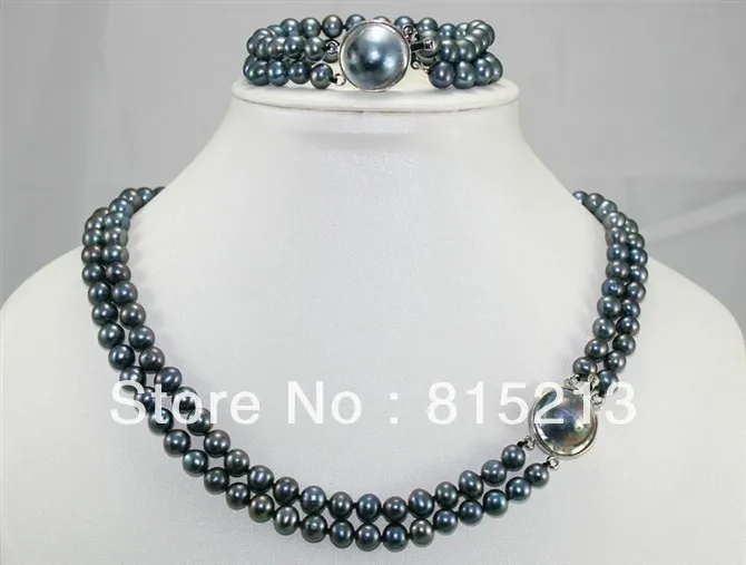 

ddh00160 3-color 2 rows White black cultured Pearl Necklace Bracelet Mabe Clasp