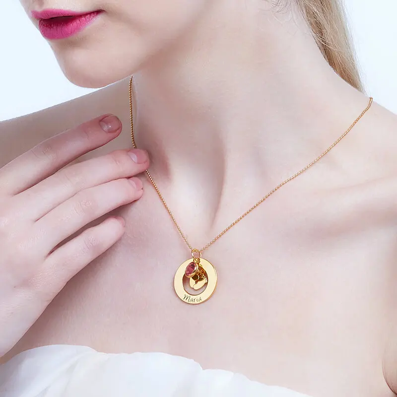 Baby-Feet-Necklace-With-Birthstone-Gold-Color-jMother-Necklace-Name-and-Date-Tag-New-Mom