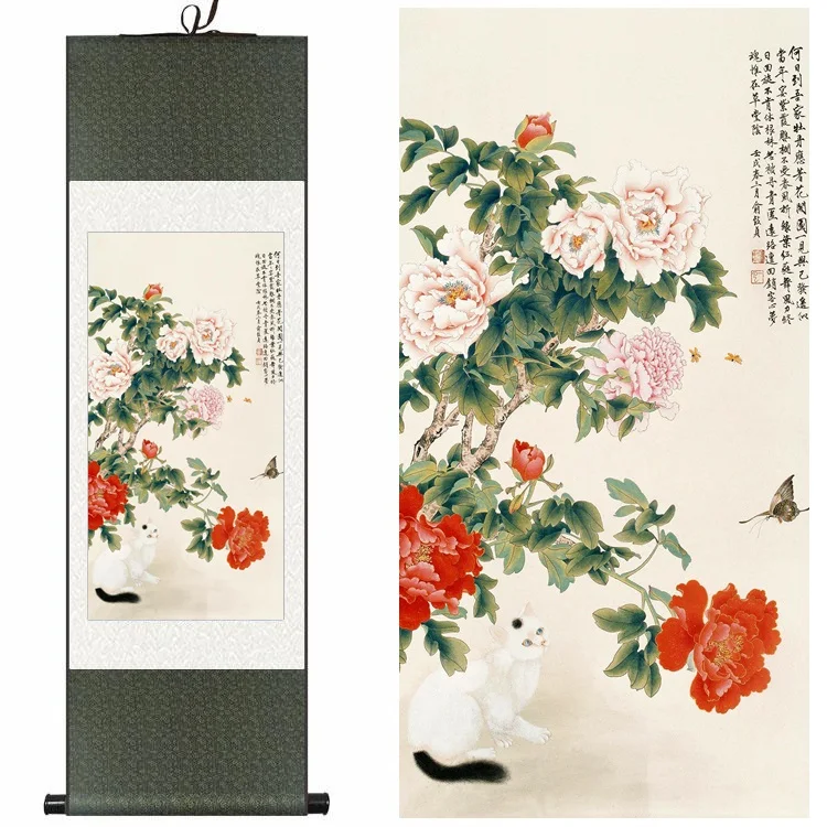

Chinese Silk traditional ink watercolor flower Peony Butterfly cat canvas wall picture feng shui damask framed scroll painting