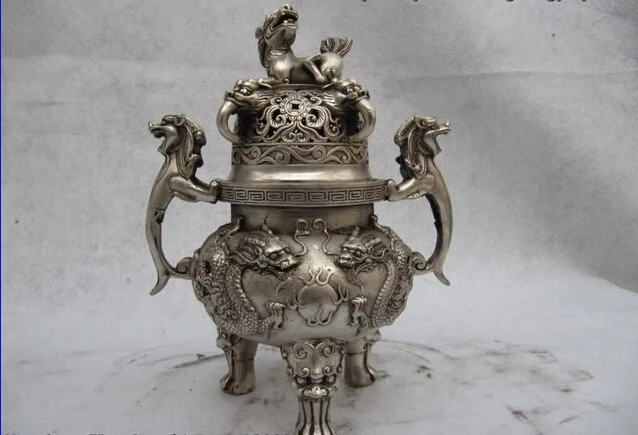 

Collectible bronze lion statue S0443 Buddhism White Copper Silver temple Two Dragon Foo Dog Ears beast incense burner (B0413)