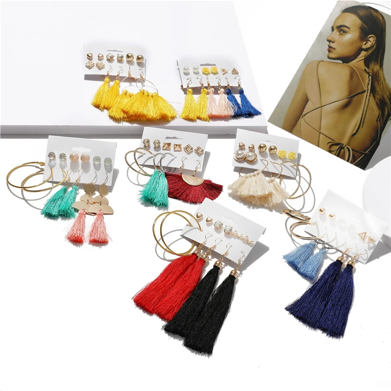 

12 Design Fashion Long Tassel Stud Earrings Set For Women Girl 2019 Bohemian Geometric Earring Christmas Brincos Female Jewelry