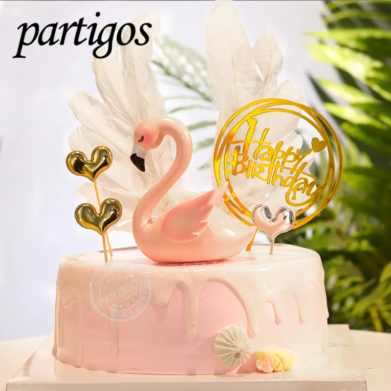 1pcs pink flamingo cake topper Happy Birthday Cake Decoration Flamingo Party Decor wedding deco BabyShower summer party supplies