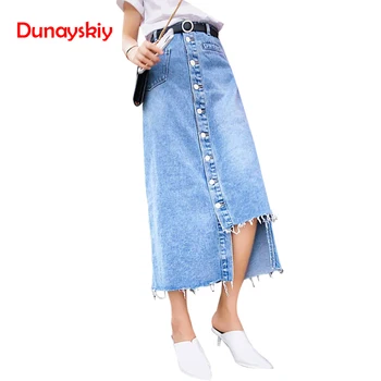 

Fashion HighWaist Denim Skirts Women Asymmetrical Single-breasted Jeans Skirt Sexy Streetwear Patchwork Long Skirts Faldas Mujer